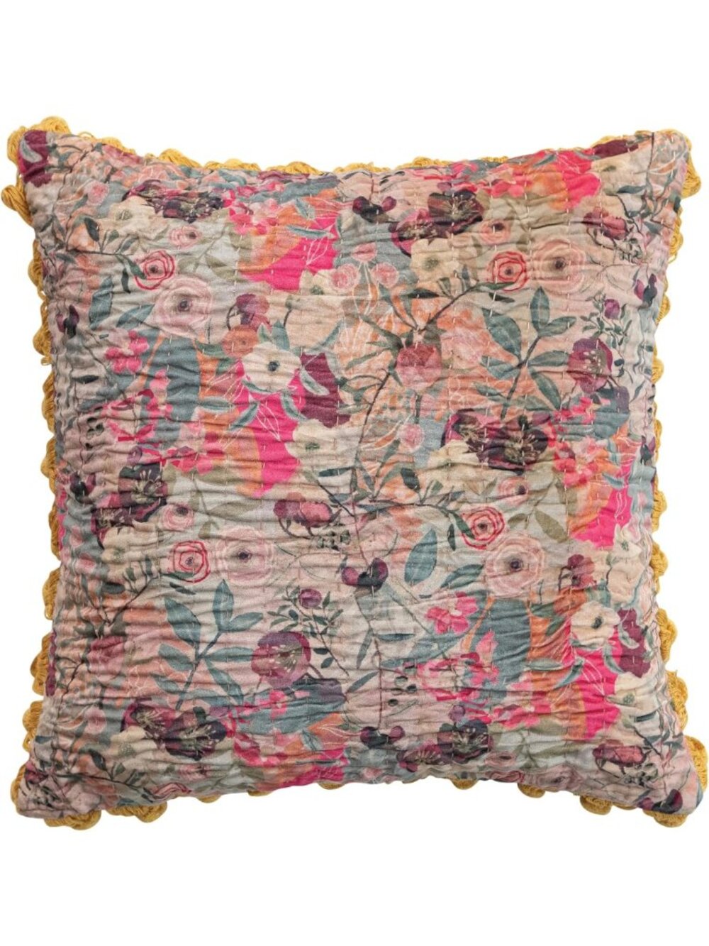 Multicolor Velvet Printed Square Pillow with Kantha Stitch, Pom Poms & Chambray